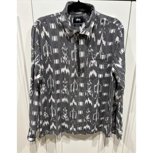 Stussy Beach Men's Cotton 1/4 Zip Pullover Shirt Size‎ Large Gray Ikat Print